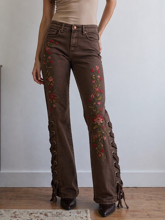 DRIFTWOOD Denim - Driftwood Brown Embroidered Lace-Up Flare Jeans size 26